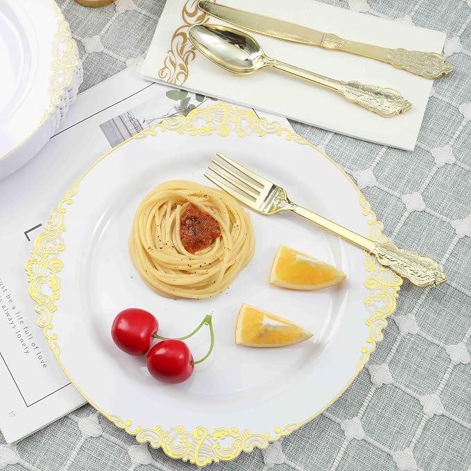 25 Pack 7.5 Inch golden Rim Plastic Plates, Heavy Duty Disposable White Dessert - Image 8