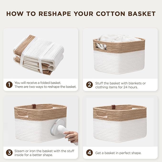 UBBCARE 2 Pack Baskets for Organizing, Woven Storage Baskets with Label for Toys and Towel, Rectangle Cotton Rope Basket with Handles, 15''L x10''W x9''H, White&Brown