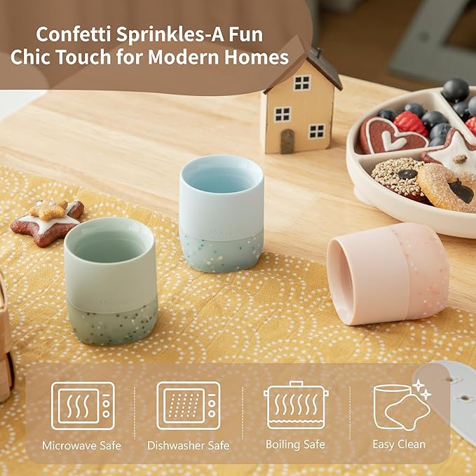 Moonkie Silicone Baby Cups 4 Months+ | Open Training Drinkware for Infants with Confetti Sprinkles | Baby-Led Weaning Essential | 2 oz (Ether/Ivory, 2 Pack)
