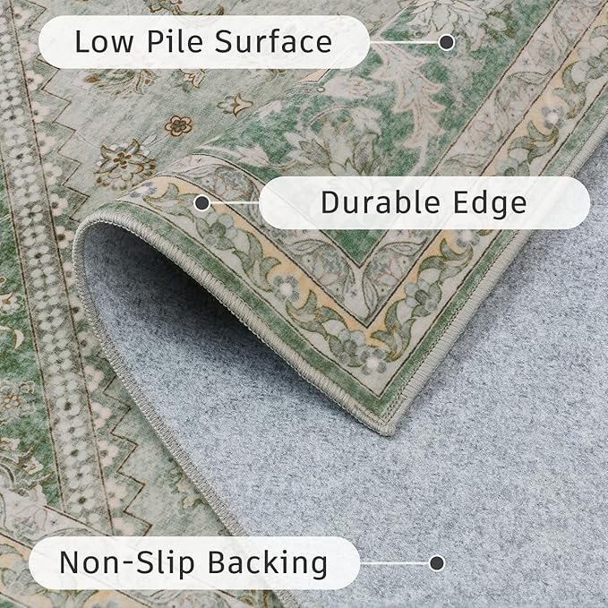 DCX Green 8x10 Area Rug, Machine Washable Non Slip Stain Resistant Vintage Rug - Image 4