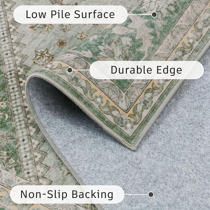 DCX Green 6x9 Area Rug, Machine Washable Non Slip Stain Resistant Vintage Rug - Image 5