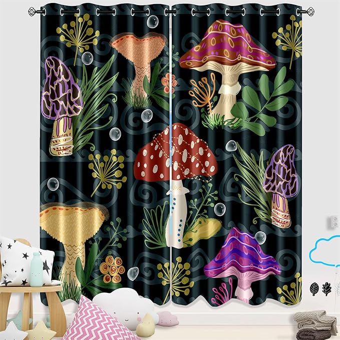 Mushrooms Curtain Panels for Kids Room 2Pcs, Green Cartoon Blackout Curtains 84 inch Length for Kids Bedroom Nursery Room Grommet Top Thermal Insulated Curtains, Dinosaur Print, 82" x 84"