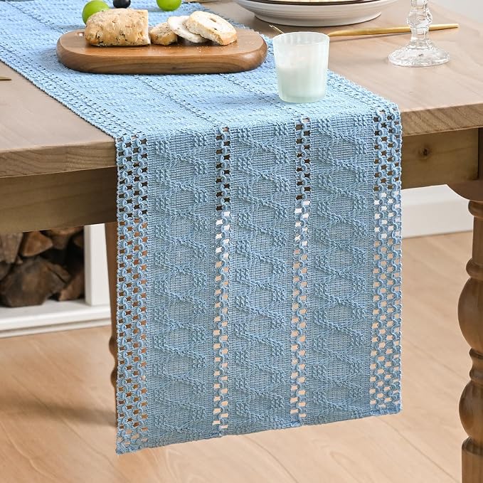 Artoid Mode Sky Blue Woven Farmhouse Hollow Table Runner 12x120 Inch | Holiday - Image 2