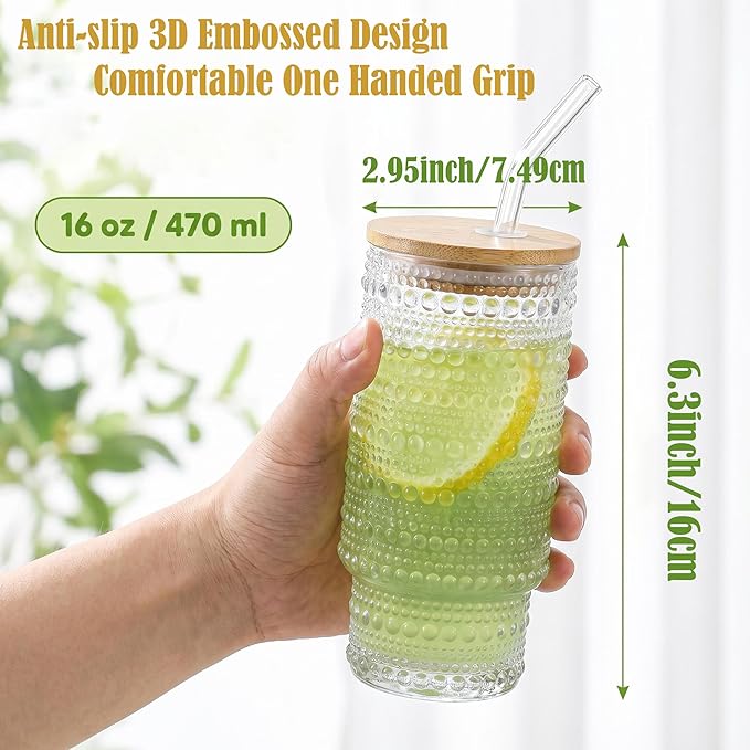 Glass Cups with Lids and Straws 16 oz Hobnail Drinking Glasses | Vintage Iced - Image 5