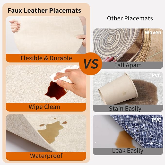 Maxpearl Faux Leather Round Placemats Set of 6, 13.8 inch, Heat Resistant - Image 4