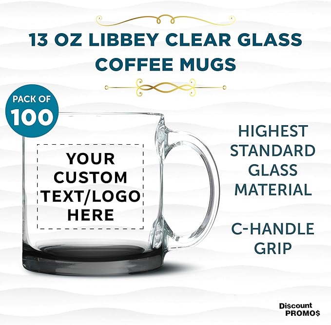 Custom Libbey Clear Glass Coffee Mugs 13 oz. Set of 100, Personalized Bulk Pack - Perfect for Coffee, Tea, Espresso, Hot Cocoa, Other Beverages - Black Bottom