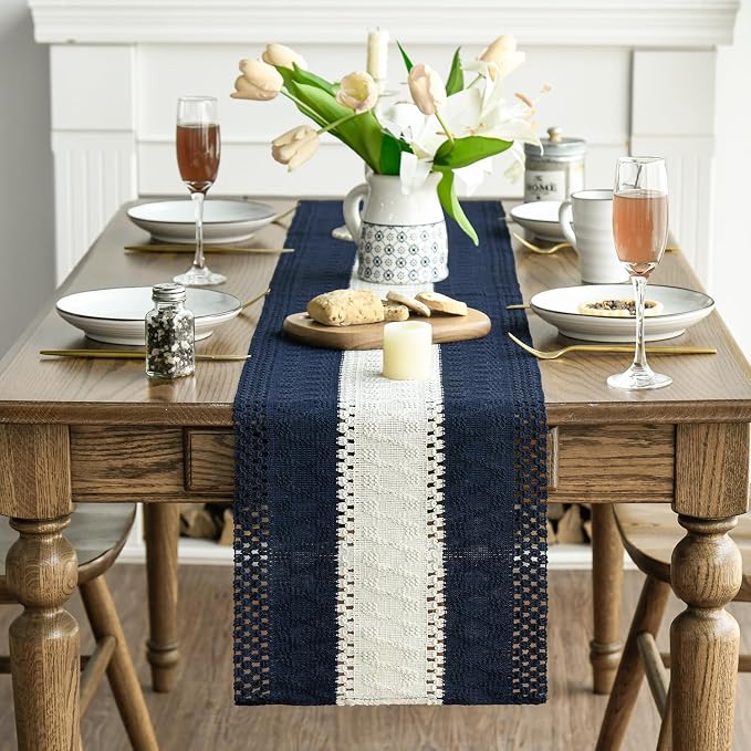 Artoid Mode Dark Blue Farmhouse Woven Table Runner 12x36 Inch | Seasonal - Image 2