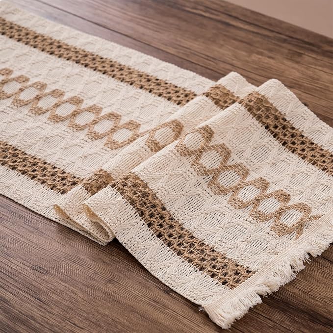 Boho Table Runner with Tassels 12 x 48 Inches Long, Cream & Brown Rustic - Image 6
