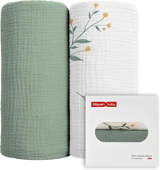 GLLQUEN BABY 2-Pack Muslin Swaddle Blankets for Unisex, Baby Swaddle Blanket for Boys and Girls, Soft Breathable Receiving Blankets Neutral, Newborn Essentials, Registry & Gift, 40 x 38 inches