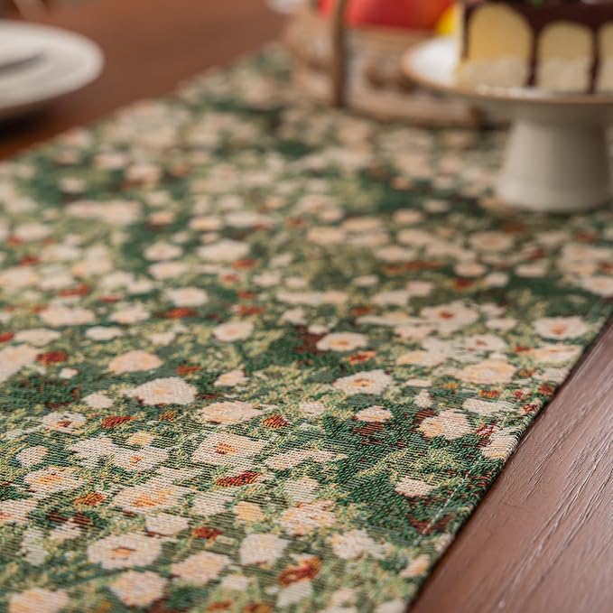 Ditsy Floral Table Runner Small Daisy Green 13 x 48 Inch | Jacquard Weave - Image 5