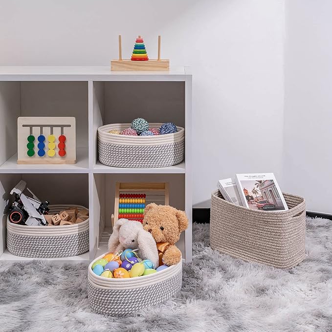 Shelf Storage Baskets for Organizing|Decorative Basket for Closet Storage|Toy Baskets&Bins|Small Woven Rope Baskets-13x8.66x5.11’’,Durable&Stylish,Oval 3 Packs Off White&Mixed Gray