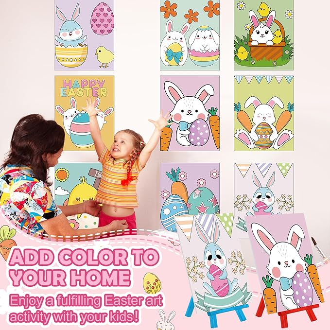 Blosssound 10 Set Pre Printed Canvas Pre Drawn Canvas Painting with Easel Kits 5" x 7" Outline Painting Panels for Beginners, DIY Craft Project, Party Favor, Home Decors(Bunny)