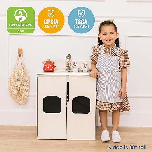 ECR4Kids Play Kitchen Stove, Wooden Playset, White Wash