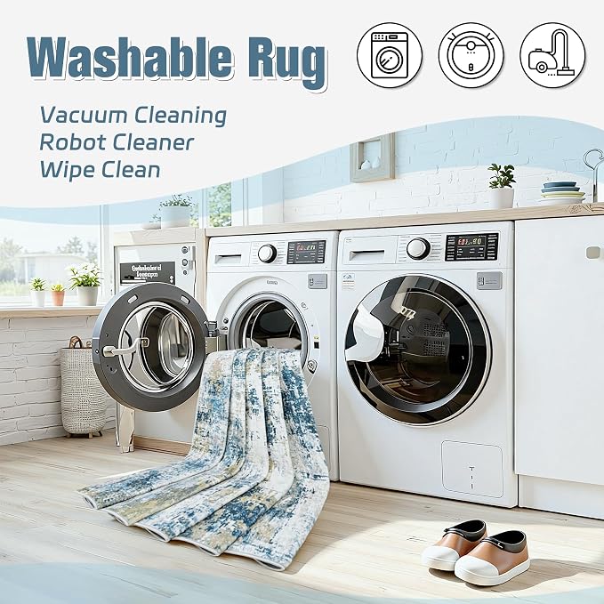 Area Rug 8x10 Living Room Rug Washable: No-Slip Abstract Soft Thin Large Blue - Image 3