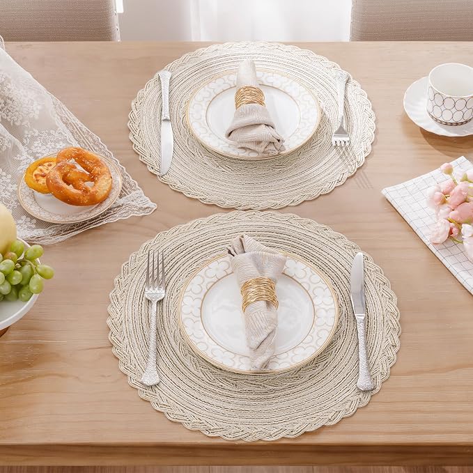 SHACOS Round Placemats Set of 6 Boho Braided Bordered Place Mats 15 inch - Image 2