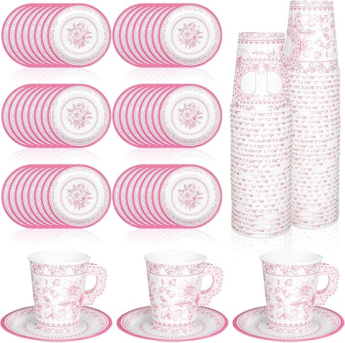 Whaline 80 Pcs Pink White Floral Paper Tea Cups and Saucers Porcelain by Whaline