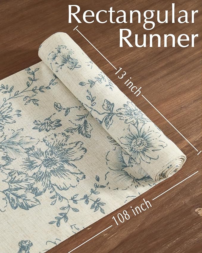 jinchan Blue Floral Linen Table Runner 13 x 108 Inch Farmhouse | Classic - Image 5