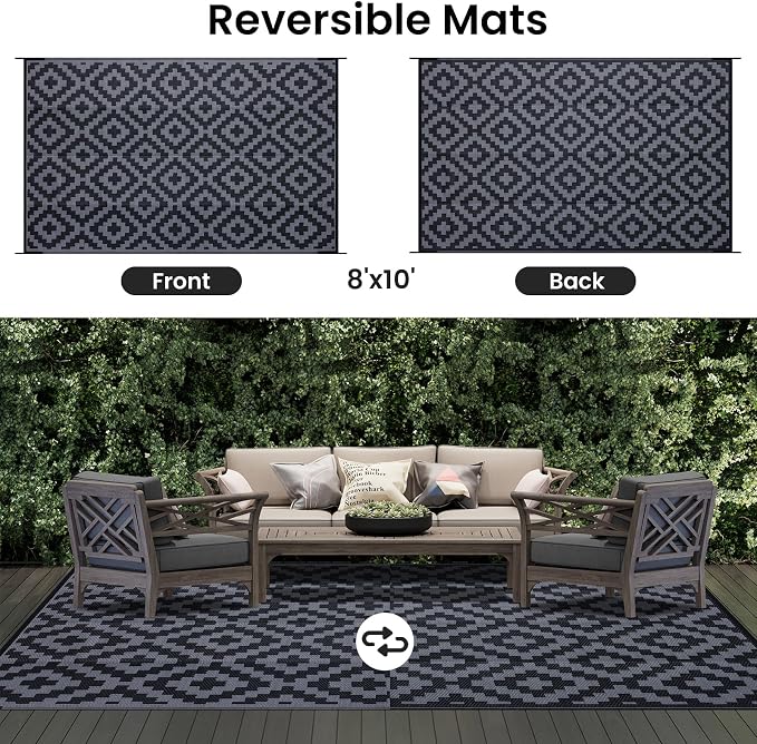 Smiry Waterproof Outdoor Rug 8x10 ft, Reversible Plastic Straw Patio Camping - Image 3