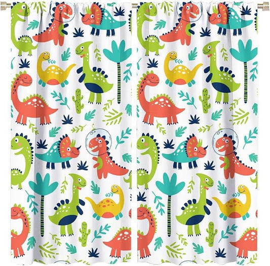 Rustic Dinosaurs Curtains Colorful Dino Kids Boys Cartoon Cute Cool Funny Decor Printed Blackout Rod Pocket Window Drapes for Living Room Bedroom W21xL45in 2 Panels