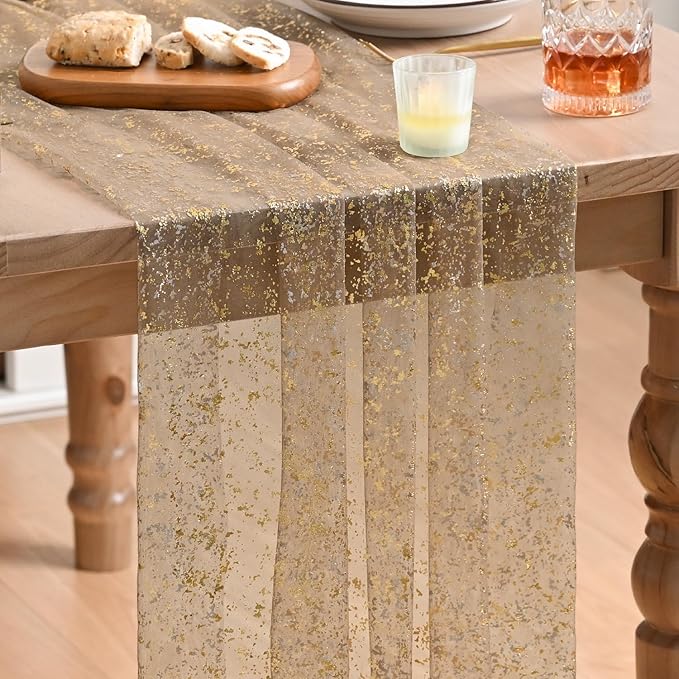 Artoid Mode Coffee Gold Gauze Table Runner 120 Inch 10FT, Glitter Metallic Foil by ArtoidMode