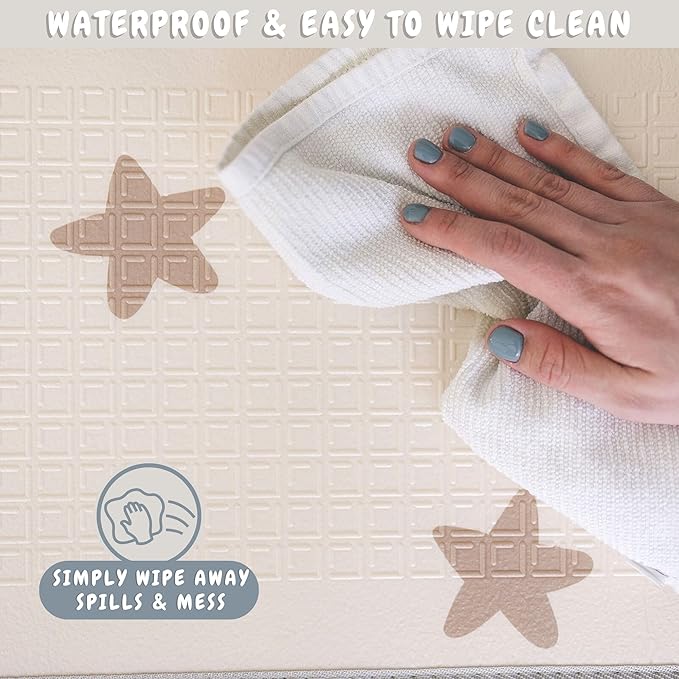 Bubba Bear Baby Play Mat, Thick Foam Stars Design, Foldable Waterproof Mat for Crawling, Padded (47 x 35 Inches)