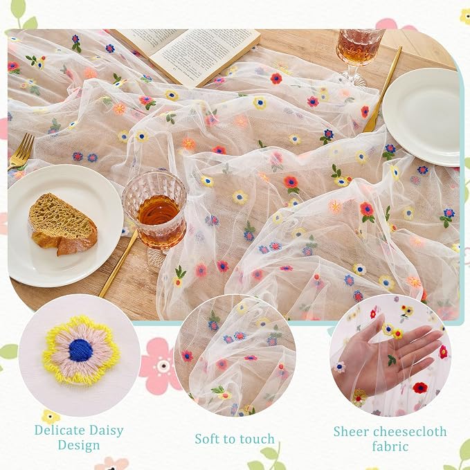 BINBE 6pcs Ivory Daisy Spring Table Runner Embroidery Gauze 10FT Florals - Image 3