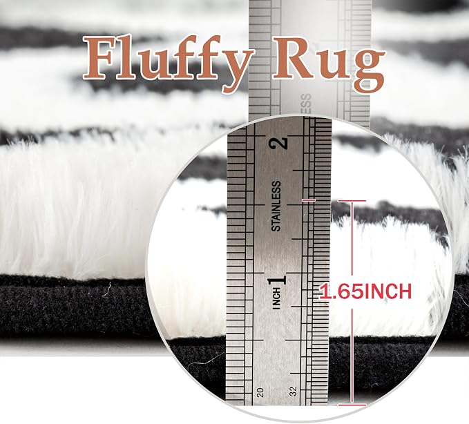 PureCozy Checkered Rug 5x7 Fluffy Shag Living Room Black and White Area Rug - Image 2