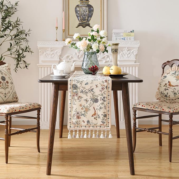 Designer French Linen Long Table Runner, Floral Bird Pattern, Dining Table - Image 3