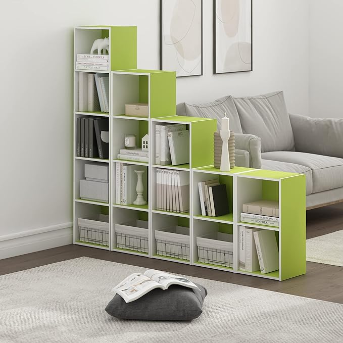 Furinno Luder Bookcase / Book / Storage, 5-Tier Cube, Green/White