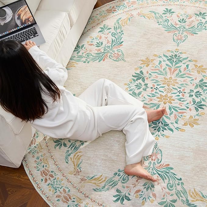 jinchan Round Rug 8ft Area Rugs,Vintage Floral Distressed Design Machine Washable Soft Non-Slip Low-Pile Ultra-Thin Circle Rug for Living Room Dining Room Bedroom Home Office (8' Round,Apricot Multi)