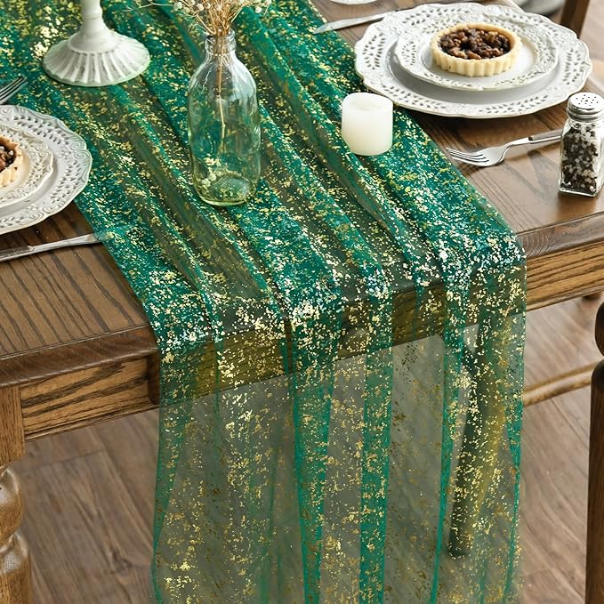 Artoid Mode Green Gold Gauze Table Runner 120 Inch 10Pcs, Glitter Metallic Foil by ArtoidMode