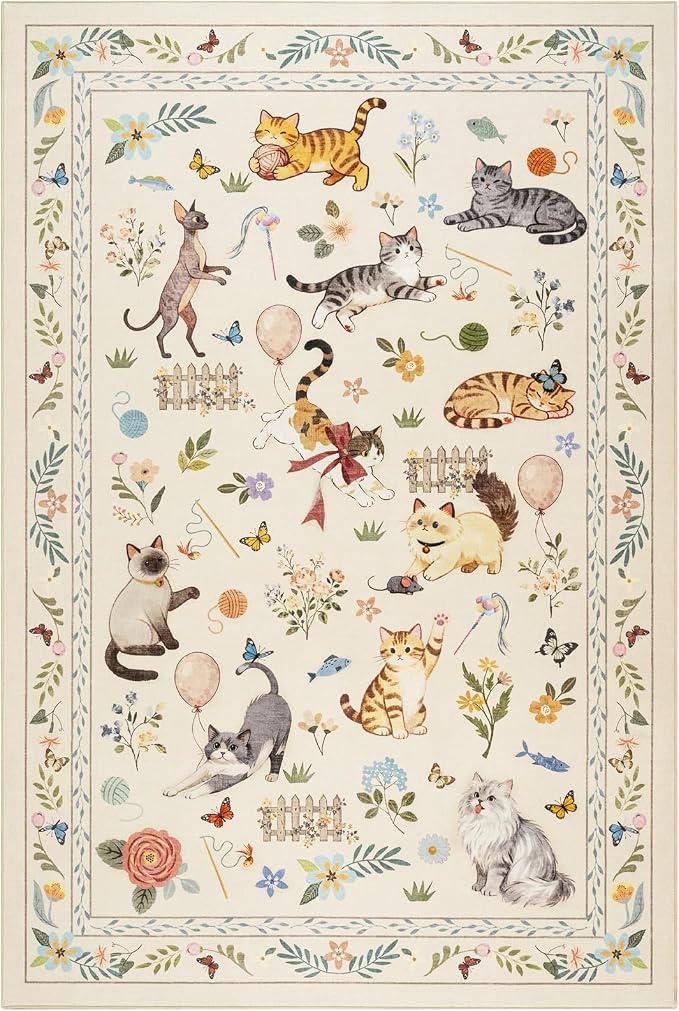 Unirea 3x5 Beige Cat Area Rug for Entryway Kitchen, Medium Washable Kids Rug - Image 2
