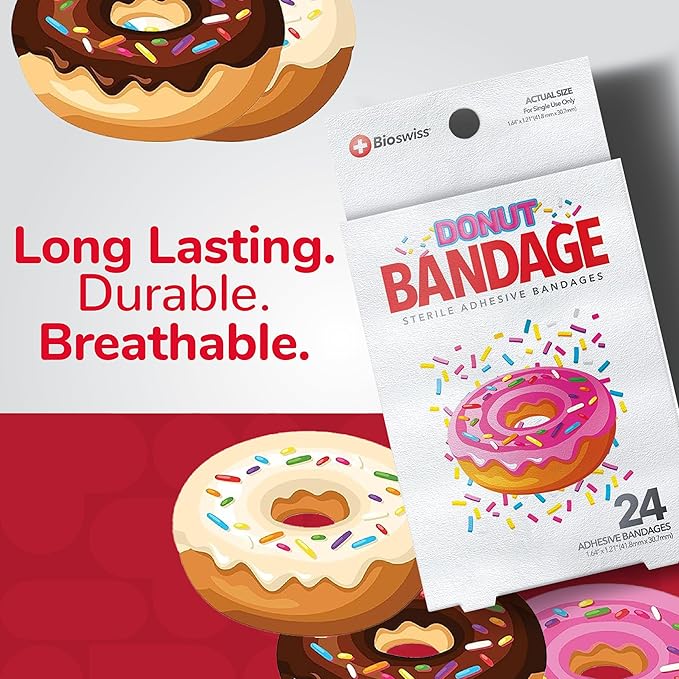 BioSwiss Bandages, Donut Shaped Self Adhesive Bandage, Latex Free Sterile Wound Care, Fun First Aid Kit Supplies for Kids, 24 Count