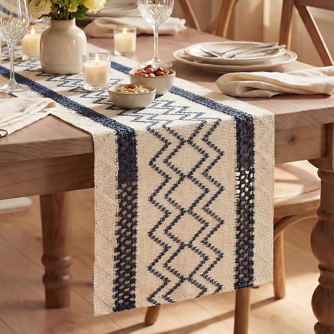 Artoid Mode Dark Blue Stripe Diamond Woven Table Runner 12x120 Inch | Holiday by ArtoidMode