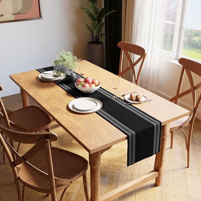 Encasa XO Table Runner, Yarn Dyed Ribbed Cotton 13"x120" | Ladder Black - Image 2