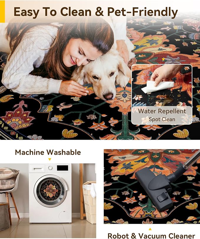 RELEANY Area Rugs Round 5ft Washable Non-Slip, Floral Vintage Distress - Image 5