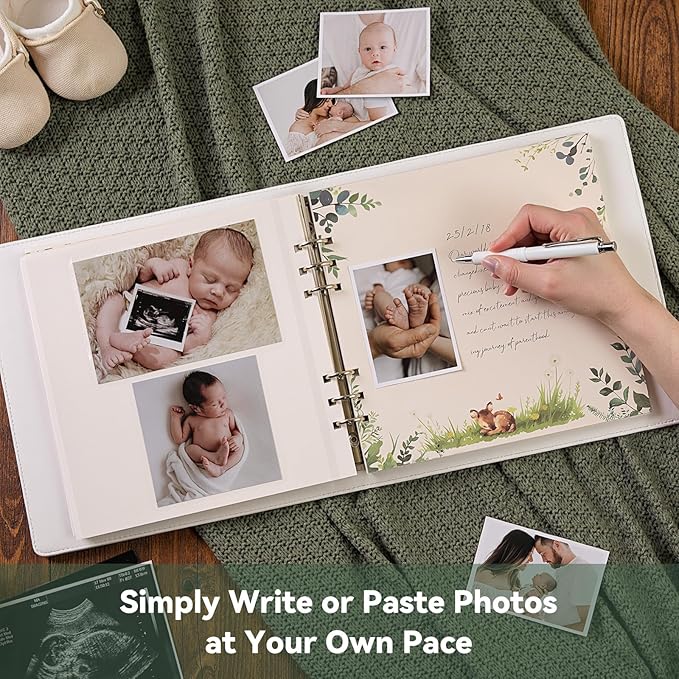 Leather Embroidery Baby Book Keepsake - Gender Neutral Baby Memory Book, Baby Photo Album for First 5 Years, Baby Books for Baby Shower, Pregnant Mom Gifts, Forest-Inspired Design, 10" x 10"