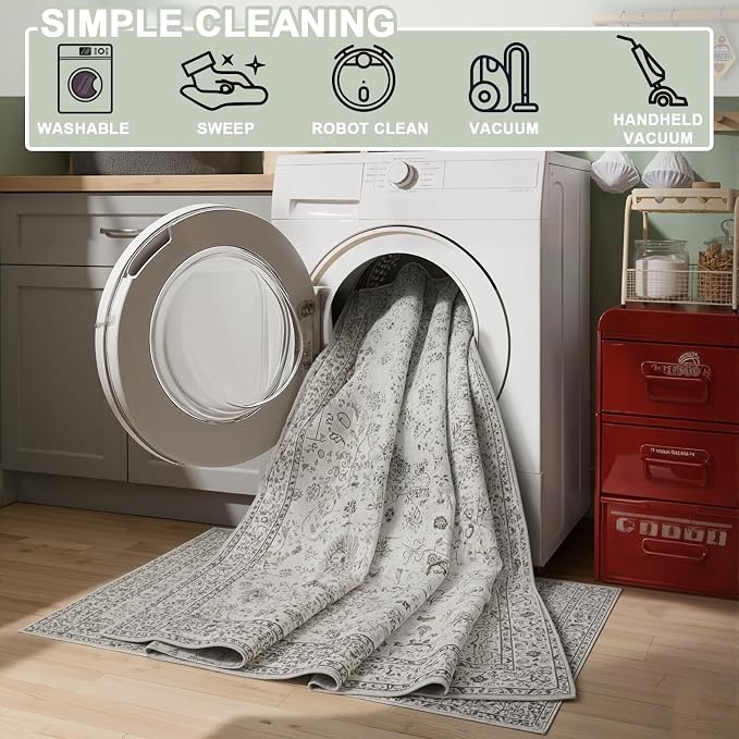 Floral Hallway Runner Grey Carpet Non-Slip, 3x7 Washable Rug Ultra-Thin Soft - Image 3
