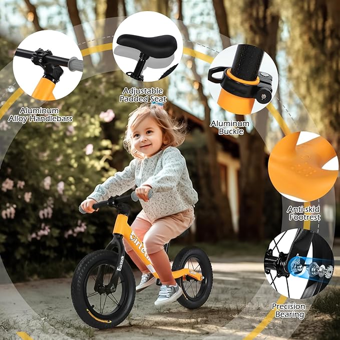 12" Balance Bike for 2, 3, 4, 5 Year Old Boys and Girls, Lightweight Nylon Frame Toddler Training Bike No Pedal Bikes for Kids with Adjustable Seat and Air Tires