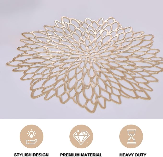Snowkingdom Set of 12 Gold Metallic Placemats Laminated Vinyl Round Leaf - Image 3