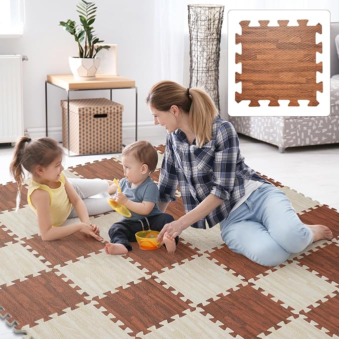 Skyweaver 36 Tiles Soft Non-Toxic Baby Play Mat for Floor EVA Foam Jigsaw Puzzle Play Mat, Interlocking Squares with 0.6inch for Babies, Toddlers & Kids Gym, Nursery, Playroom, Brown