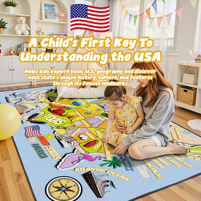 Educational USA Map Area Rug 5x7, Playroom Bedroom Classroom Rug - Image 3