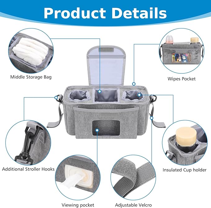 Accmor Universal Stroller Organizer with Insulated Cup Holder and Shoulder Strap, Stroller Bag Caddy Organizer Stroller Accessories for Uppababy, Baby Jogger, Nuna, Doona, Britax Strollers
