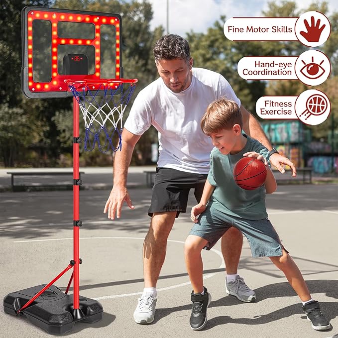 Kids Basketball Hoop Adjustable Height 3.5FT-6.2FT, Indoor Outdoor Toddler Basketball Hoop with LED Scoreboard, Boys Basketball Toy for 3 4 5 6 7 8 Years Gift, Portable Basketball Goals Sport Game