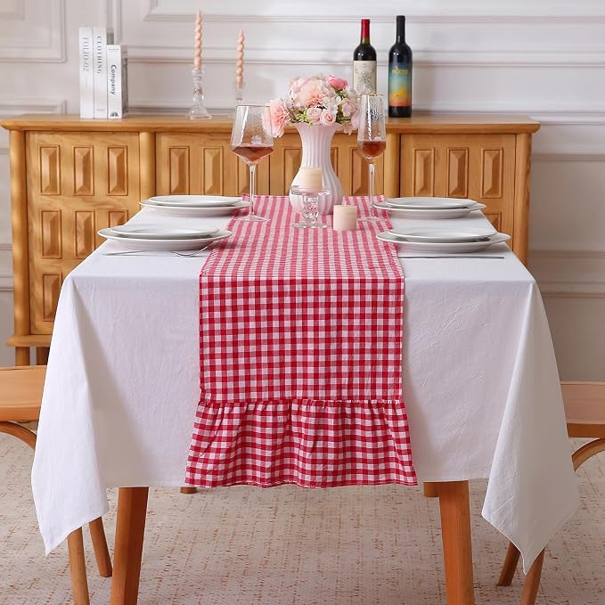Red White Plaid Gingham Ruffle Table Runner 120 inches Long Christmas 100% by KMASANIJI