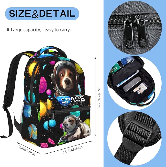 Funny Astronaut Dog Print Kids Backpack, Planet Space Galaxy Themed School Bag for Boys & Girls, Lightweight and Durable Bookbag for Age 5-12, Backpack Ideal for School & Outdoor Adventures