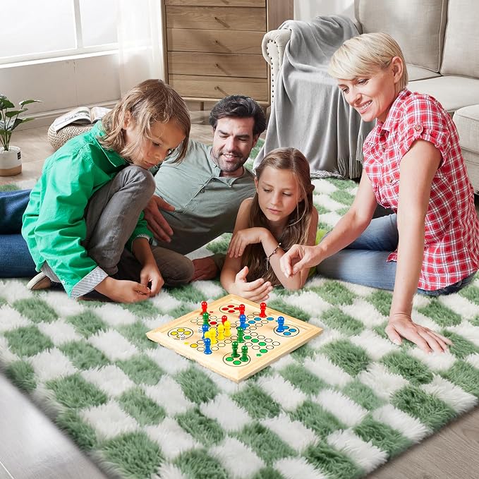 Area Rugs for Bedroom Living Room, 5x8 Green and White Fluffy Soft Checkered - Image 2