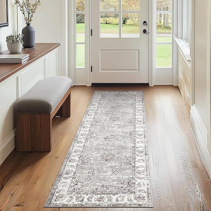 jinchan Runner Rug 2x6 Machine Washable Hallway Rug Grey Vintage Floral Print Non-Slip Low Pile Ultra-Thin for Kitchen,Entryway,Laundry Room,Bedroom,Farmhouse (2‘x6’,Grey)