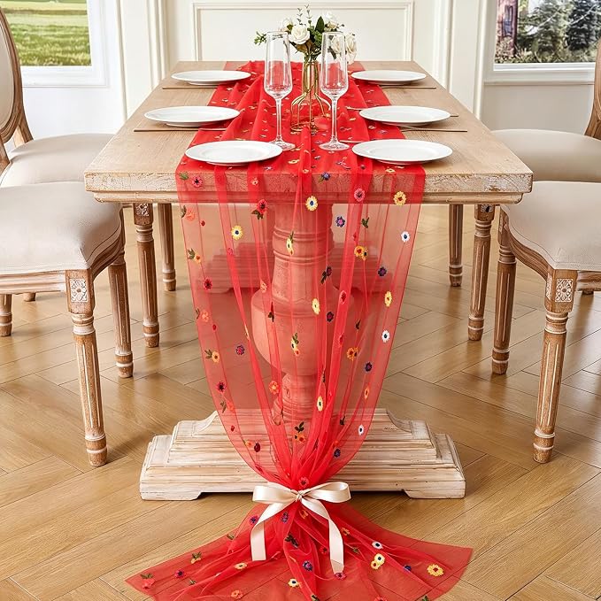 BINBE 6pcs Daisy Spring Table Runner Embroidery Gauze 10FT Florals Seasonal - Image 2