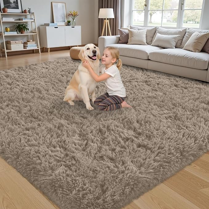 6x9 Area Rug for Living Room:Ultra Soft Fluffy Shag Grey Camel Rugs, Large - Image 3